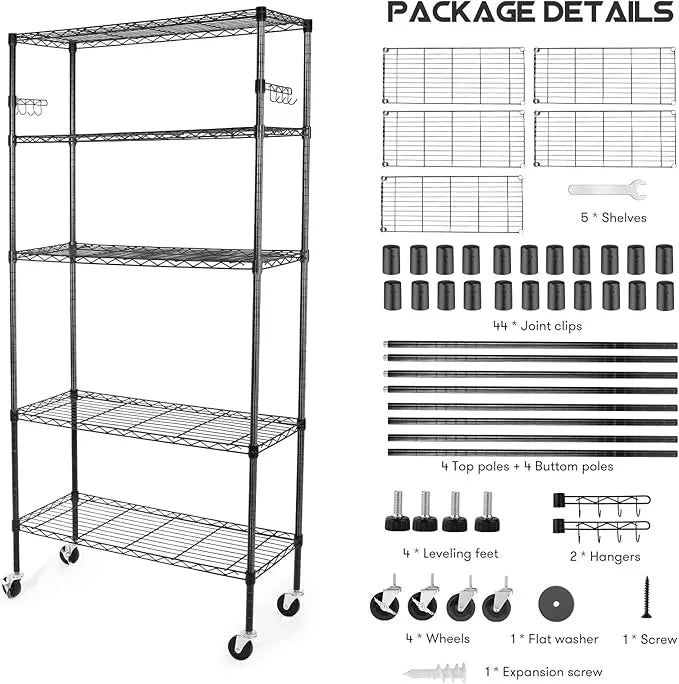 YNN Storage Shelves,1750Lbs 5 Tier Heavy Duty Metal Rolling Shelving Unit with Wheels & 8 Hooks, Adjustable Garage Wire Rack for Kitchen, Bathroom,Industrial,Pantry(36" W x 14" D x 72" H,Black) - ModernBath