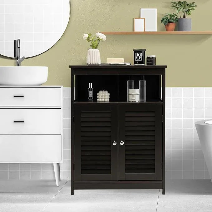 LDAILY Freestanding Bathroom Organizer, Double Shutter Doors, Adjustable Shelf, Wooden Floor Cabinet, Brown - ModernBath