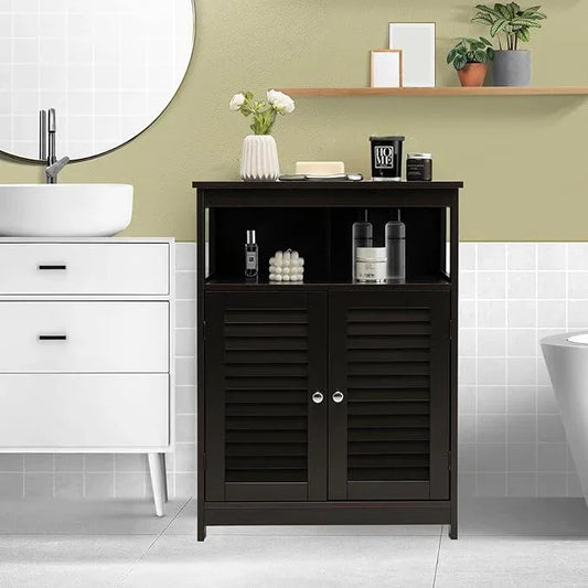 LDAILY Freestanding Bathroom Organizer, Double Shutter Doors, Adjustable Shelf, Wooden Floor Cabinet, Brown - ModernBath
