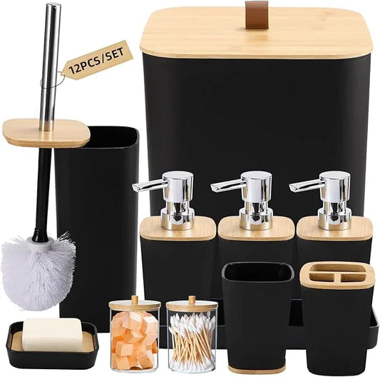 XLHOMO Black Bathroom Accessories, Bathroom Accessories Set with Trash Can, Soap Dispenser, Toothbrush Holder, Toothbrush Cup, Soap Dish, Toilet Brush, Tray and Q-tip Holders for Housewarming - ModernBath