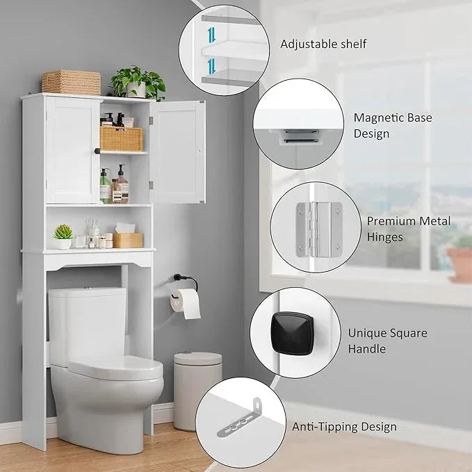 RRX Over The Toilet Storage Cabinet,Bathroom Above Toilet Cabinets Organizer, 24.8" L x 9.1 "W x 65.7 "H Free Standing Toilet Rack with Adjustable Shelf and Open Storage,Double Doors(Pure White) - ModernBath