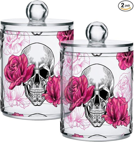 BOENLE 2 Pack Qtip Holder Dispenser Skull Rose Flower Bathroom Storage Canister Lid Acrylic Plastic Apothecary Jar Set Vanity Makeup Organizer for Cotton Swab/Ball/Round Pads, Floss - ModernBath