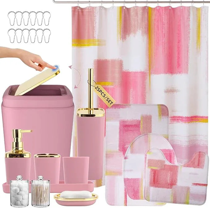 XLHOMO Bathroom Accessories Set - 25PC Bathroom Set with Shower Curtain and Rugs, Pink Bathroom Set, Bathroom Accessory Set with Press-on Lid Trash Can, Soap Dispenser and Qtip Holders - ModernBath