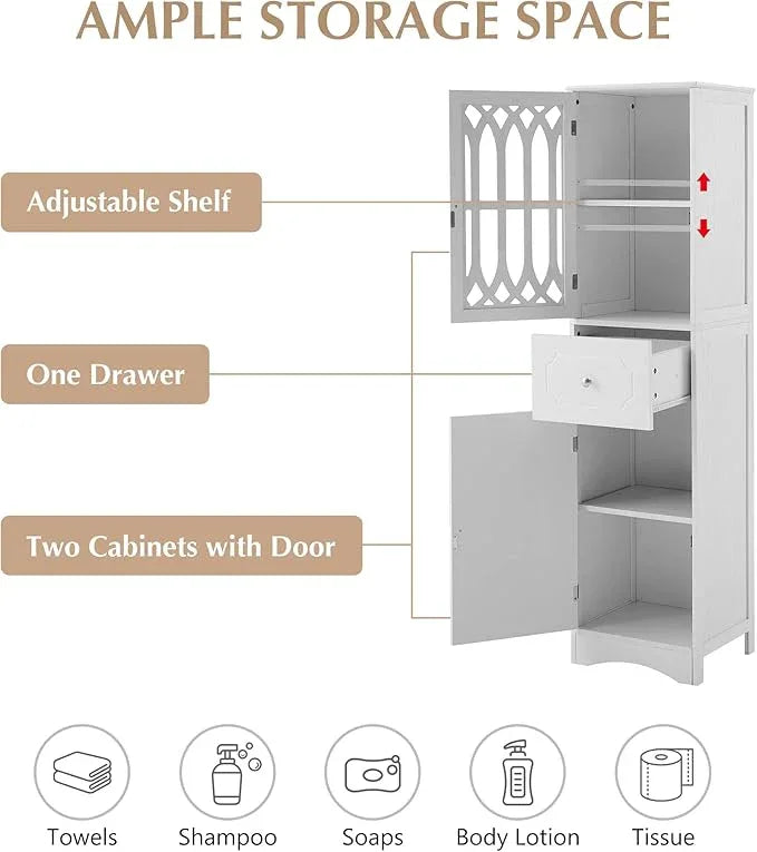 Tall Bathroom Storage Cabinet with 2 Doors & Drawer, 64" H Bathroom Cabinets Freestanding, Slim Linen Cabinet with Adjustable Shelves, Narrow Linen Tower for Living Room, Laundry Room, White - ModernBath