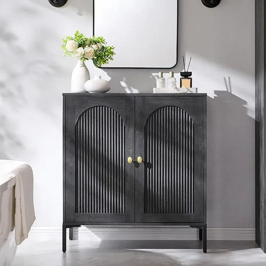 Bathroom Cabinet with Storage, 34" Tall Fluted Arched Free Standing Floor Cabinet w/Adjustable Shelves, Modern Sideboard Cabinet for Bathroom, Kitchen, Living Room, Entryway, Dark Grey - ModernBath
