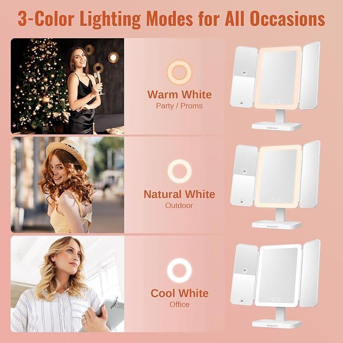 EASEHOLD Lighted Makeup Mirror with 3X Magnification, 3 Color Lights & Touch Sensor - Rechargeable Trifold Vanity Mirror for Travel, Desk, Home Use - ModernBath