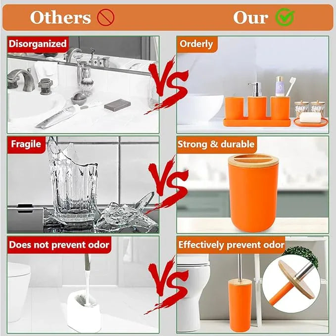 SLDIYWOW 9 Pieces Orange Bathroom Accessory Set, Plastic Bathroom Accessories Set with Trash Can,Soap Dispenser,Toothbrush Holder,Toothbrush Cup,Soap Dish,Toilet Brush and Q-tip Holders for Bathroom - ModernBath