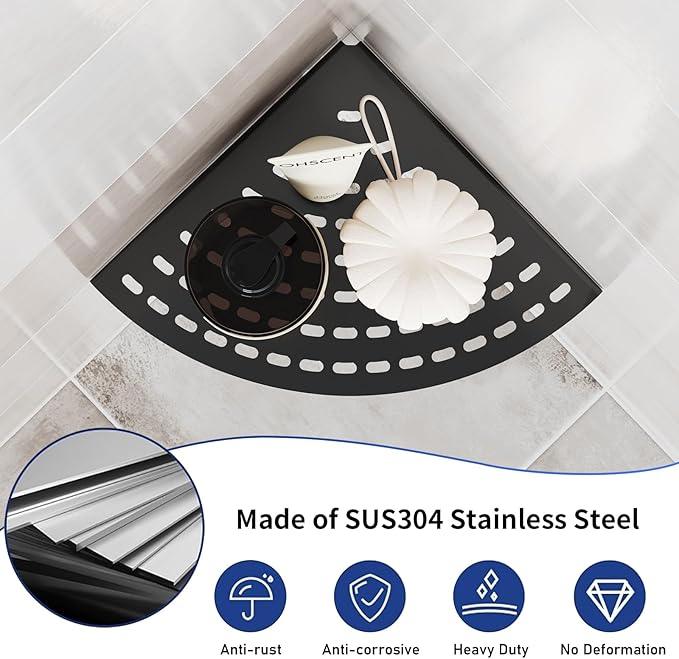 2 Pack Corner Shower Shelves 304 Stainless Steel Shower Corner Shelf Matte Black 8 in Corner Shower Shelf Prevent Rust Drilling Installation - ModernBath