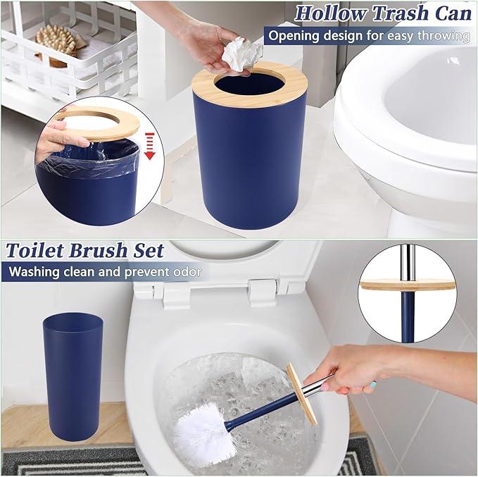 SLDIYWOW Blue Bathroom Accessories, 9-Piece Navy Blue Bathroom Accessories with Trash Can,Tray,Soap Dispenser,Toothbrush Holder,Toothbrush Cup,Soap Dish,Toilet Brush and Q-tip Holders for Bathroom - ModernBath