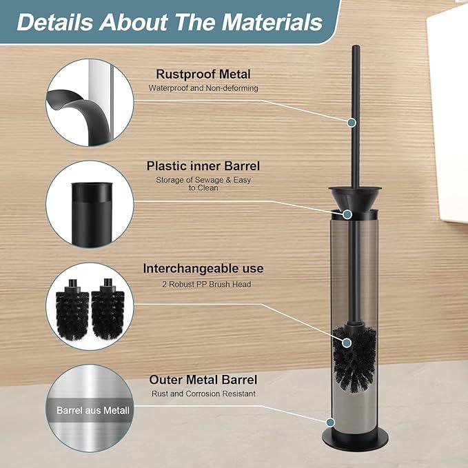 BGL Toilet Brush and Holder Set, Heavy Duty 304 Stainless Steel, Round Base and Long Handle for Bathroom Deep Cleaning, Drip-Proof, Space Saving for Storag, Black - ModernBath