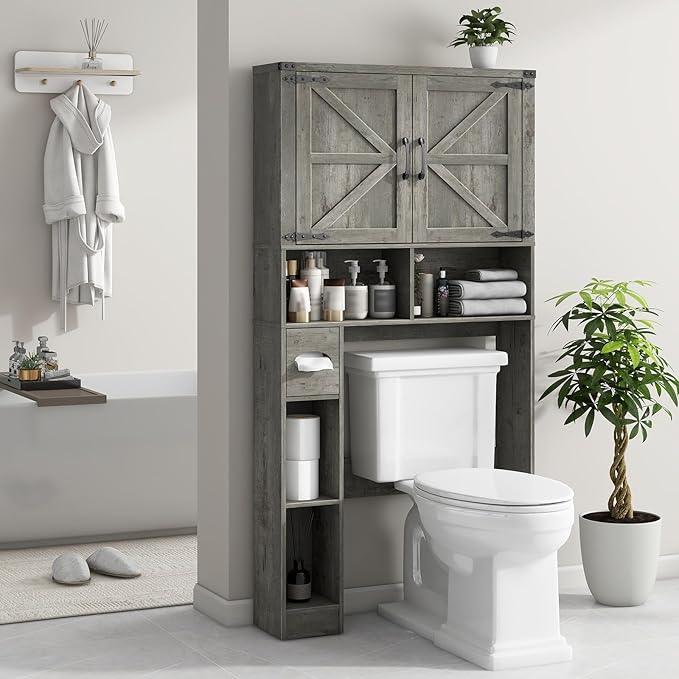 Vabches Over The Toilet Storage Cabinet, Farmhouse Storage Cabinet Over Toilet with 2 Barn Doors & Toilet Paper Holder Stand，Home Space-Saving Toilet Rack, for Laundry, Bathroom, Restroom.Grey Oak - ModernBath