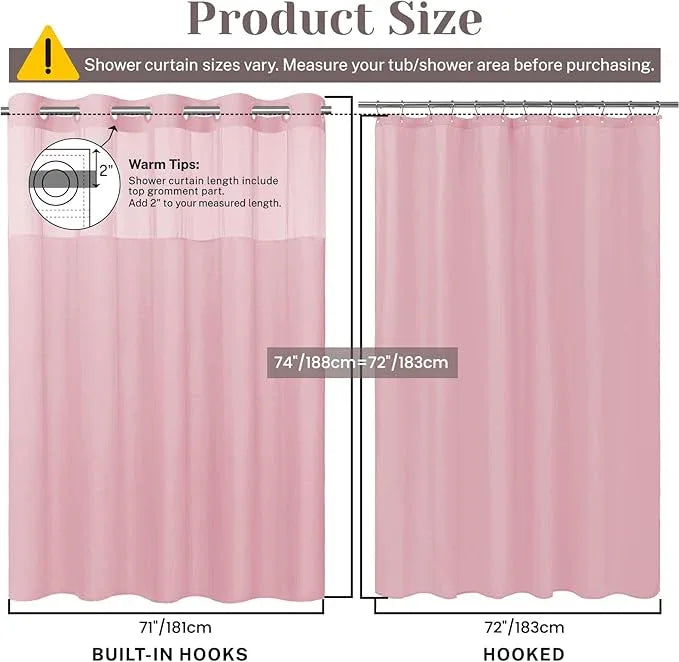 SORTTO No Hook Slub Textured Shower Curtain with Snap in Liner - Pink Fabric Outer Curtain & Waterproof Inner Liner, Hotel Style with See Through Top Window, 71x74 in - ModernBath