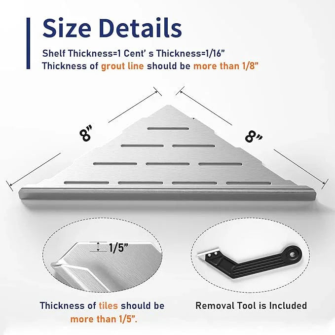 8'' Corner Shower Shelf 2PCS, 304 Stainless Steel Recessed Bathroom Shelves for Tiled Wall, Grout in Shelf, No Drilling Needed (8'', Silver) - ModernBath