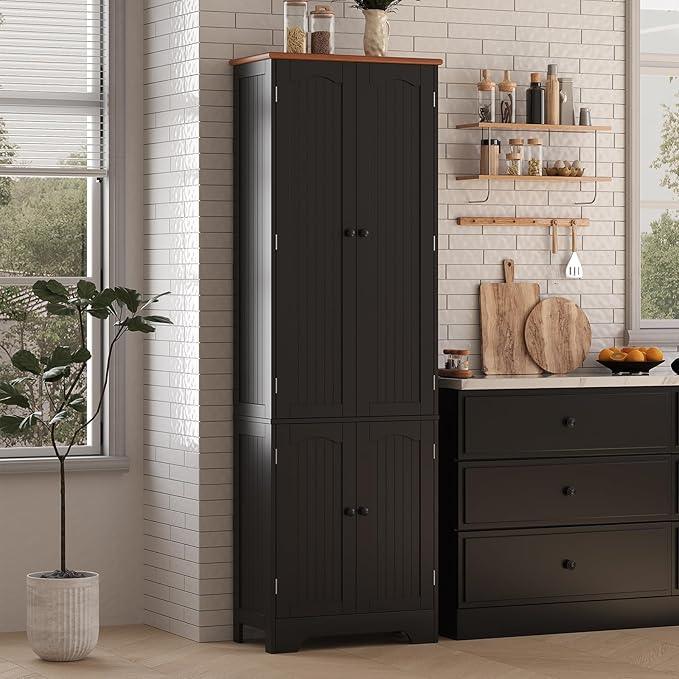72.2'' Pantry - 4 Door Kitchen Cabinet with Adjustable Shelves, Freestanding Cupboard, Tall Storage Cabinets for Dining Room, Living Room, Laundry, Bathroom, Entryway, Black 2Pcs - ModernBath