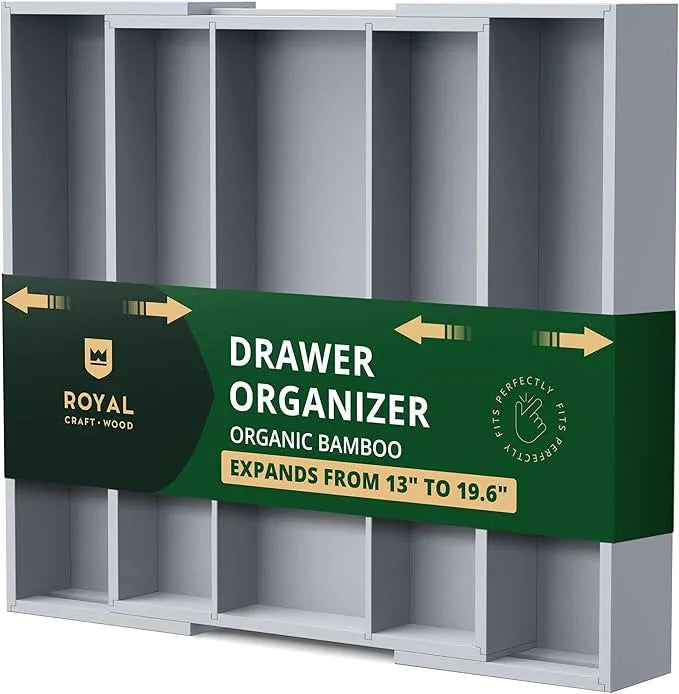 ROYAL CRAFT WOOD Luxury Bamboo Kitchen Drawer Organizer - Silverware Organizer - Utensil Holder and Cutlery Tray with Grooved Drawer Dividers for Flatware and Kitchen Utensils (5 Slot, Gray) - ModernBath