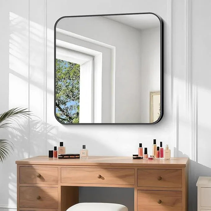 CIVENO Bathroom Mirror, 40 x 36 inch Black Rectangle Wall Mirror, Metal Frame Rectangular Vanity Mirror, Rounded Corner Wall Mounted Mirror for Modern Bedroom Living Room Hangs Horizontal/Vertical - ModernBath