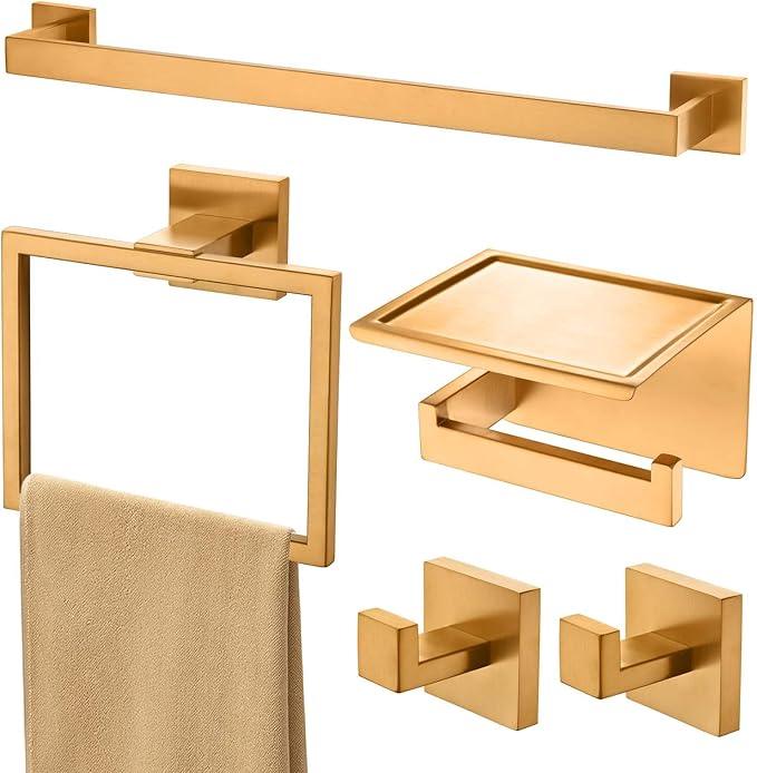 Bathroom Towel Bar Set 5 Pieces Brushed Gold Modern Bathroom Hardware Accessories Set Wall Mounted Include 16-InchTowel Bar,Towel Rack,Toilet Paper Holder with Shelf,Towel Robe Hook - ModernBath