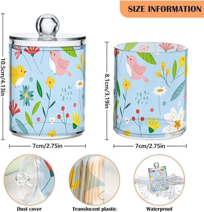 Tatenale Qtip Holder Bathroom Set Q tip Cotton Ball Swab Pad Dispenser Container Organizer Plastic Jars with Lids Storage 2Pack Cute Floral Birds Blue - ModernBath
