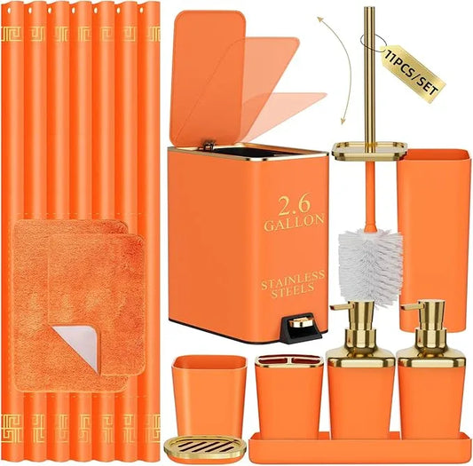 XLHOMO 11PCS Bathroom Sets with Shower Curtain and Rugs Bathroom Accessories Set Orange Bathroom Set,Soap Dispenser & Toilet Brush Holder Set with Stainless Steel Trash Can - ModernBath