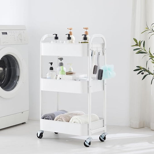 MAX Houser 3-Tier Rolling Utility Cart with Caster Wheels,Easy Assembly, for Kitchen, Bathroom (White)