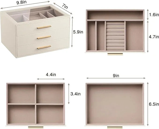 pickpiff Jewelry Box Organizer Case for Women: 3-Layer Jewelry Storage Case with Glass Window, Ivory Leather with Pink Velvet, Holder for Ring Necklace Bracelet Brooch Watch, Great Gift for Her - ModernBath