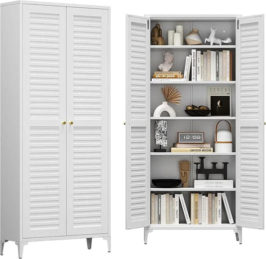 74" H Kitchen Pantry Storage Cabinet, Metal Storage Cabinets with 5 Adjustable Shelves for Kitchen Bathroom Living Room, Required Assembly, White - ModernBath