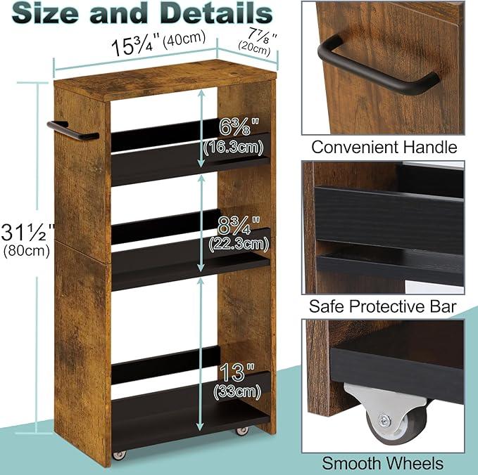 MARTY Rolling Storage Cart 7.9" W, 4-Tier Narrow Kitchen Cart with Wheels Handle, Slim Storage Mobile Shelving Utility Carts for Bathroom Laundry Room Organization Small Spaces(Rustic Brown) - ModernBath