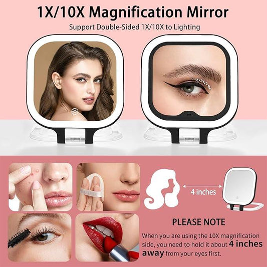 DESCHEN Rechargeable Travel Makeup Vanity Mirror with Lights and Magnification, Portable 1X/10X Magnifying Mirror with 3 Color Light, Lighted Makeup Mirror with Magnification (Black) - ModernBath