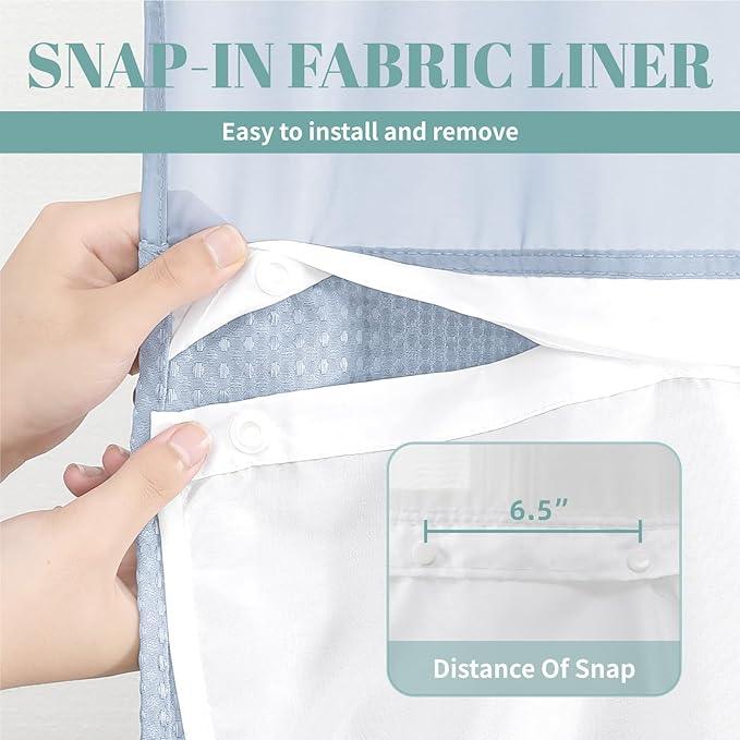 eachope FrostBlue No Hook Waffle Weave Shower Curtain with snap-in Liner Replacement, 230GSM Waterproof Fabric Hotel Shower Curtain Set for Bathroom, Through Mesh Top Window,71Wx74H - ModernBath