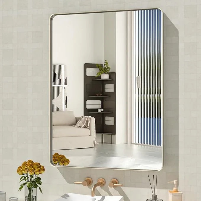 WEER 28X36 Inch Brushed Nickel Bathroom Mirror, Brushed Silver Metal Frame Mirror, Rounded Rectangle Silver Bathroom Vanity Mirror, Tempered Glass, Anti-Rust, Hangs Horizontally or Vertically - ModernBath