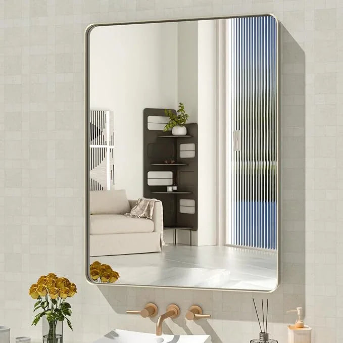 WEER 24X32 Inch Brushed Nickel Bathroom Mirror, Brushed Silver Metal Frame Mirror, Rounded Rectangle Silver Bathroom Vanity Mirror, Tempered Glass, Anti-Rust, Hangs Horizontally or Vertically - ModernBath