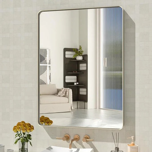 WEER 24X32 Inch Brushed Nickel Bathroom Mirror, Brushed Silver Metal Frame Mirror, Rounded Rectangle Silver Bathroom Vanity Mirror, Tempered Glass, Anti-Rust, Hangs Horizontally or Vertically - ModernBath