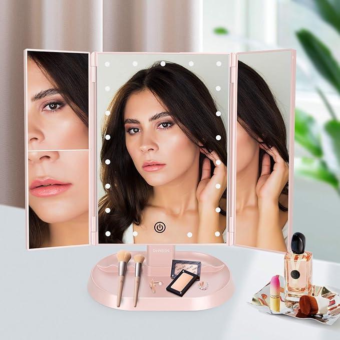 deweisn Trifold Lighted Vanity Makeup Mirror with 21 LED Lights,1x/2x/3x Magnification and Touch Screen Dimming,Two Power Supplies Makeup Mirror, Gift for Women - ModernBath