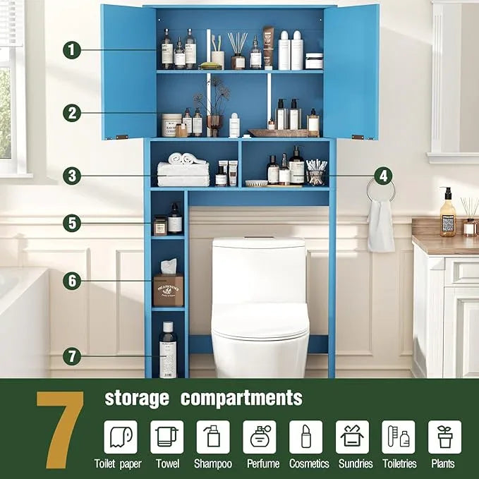 31" W Over The Toilet Storage Cabinet with Fluted Door, Blue Bathroom Organizer with Adjustable Shelf, Toilet Paper Holder Stand Wave Door for Restroom, Laundry Room - ModernBath