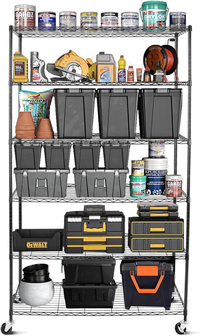 WDT 6 Tier Shelf Shelving Unit with Wheels,Adjustable Metal Shelves for Storage, NSF Black Wire Shelving Rack, 2100Lbs Capacity Heavy Duty Shelving Storage Shelves for Kitchen Garage,47" Dx17 Wx80 H - ModernBath