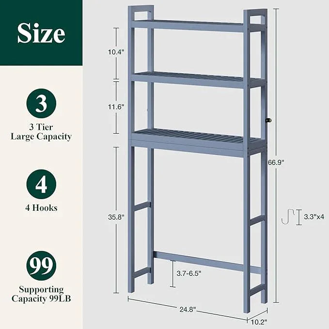 Smiry Over The Toilet Storage Cabinet, 3-Tier Bamboo Bathroom Organizers with Adjustable Shelf & 4 Hooks, Space Saving Shelf Rack for Bathrooms, Laundry Room, Balcony, Grey - ModernBath