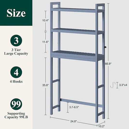 Smiry Over The Toilet Storage Cabinet, 3-Tier Bamboo Bathroom Organizers with Adjustable Shelf & 4 Hooks, Space Saving Shelf Rack for Bathrooms, Laundry Room, Balcony, Grey - ModernBath