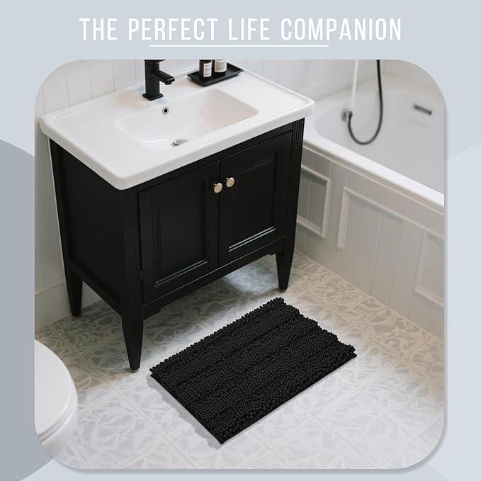 Yimobra Bathroom Rug Mat, Non Slip and Super Absorbent Bath Mat, Machine Washable Quick Dry, Ultra Plush Chenille Shower Rugs for Bathroom Floor Sink Tub and Shower Outside, Black, 24 x 17 - ModernBath