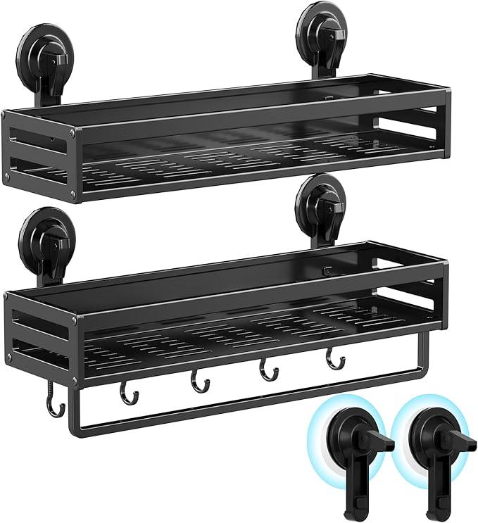 CIBOTIES Shower Caddy Suction Cup, 15.8 inch 2 Pack Suction Shower Shelf with Hooks NO-Drilling Bathroom Holder, Rustproof Bathroom Organizer, Black,Includes 2 Extra Suction Cups for Replacement Use - ModernBath
