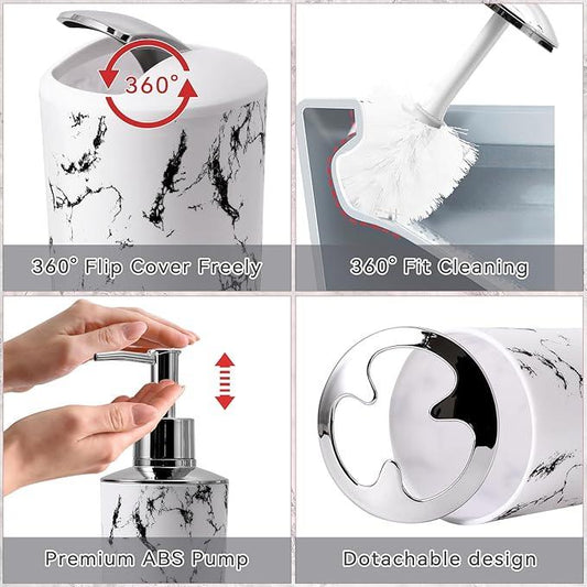 XLHOMO White Marble Bathroom Accessories Set, White Bathroom Set with Trash Can, Vanity Tray, Soap Dispenser, Soap Dish, Toothbrush Holder, Toothbrush Cup, Toilet Brush and Qtip Holders for Bathroom - ModernBath