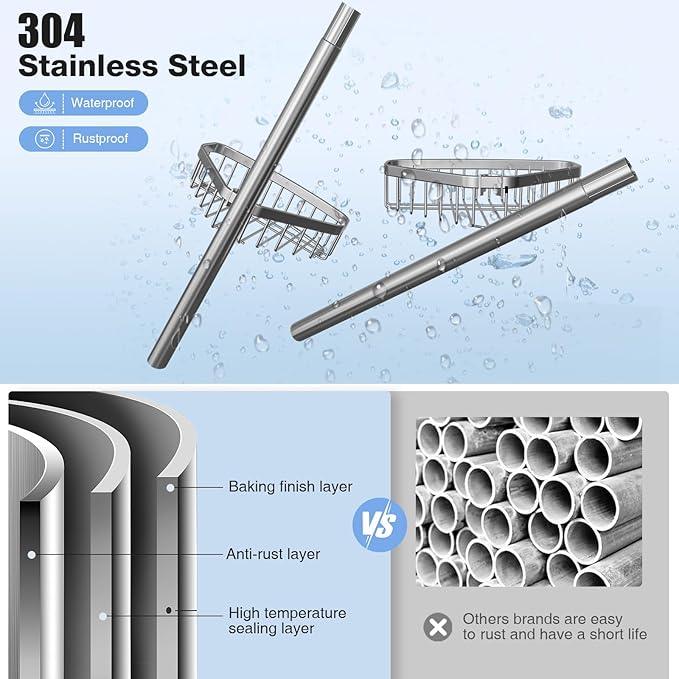 Corner Shower Caddy Tension Pole: Adjustable Rustproof 4-Tier Inside Bathroom Organizer - 47-121 inch Quick Installation Bathtub Shelves for Shampoo Storage - Rod Floor Standing Bath Rack - ModernBath