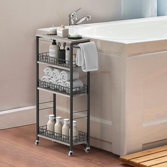 4 Tier Slim Storage Cart Narrow Laundry Cart on Wheels Utility Kitchen Rolling Cart with Wood Tabletop Mobile Shelving Unit Bathroom Storage Organizer Slide Out Rolling Tower for Narrow Spaces - ModernBath