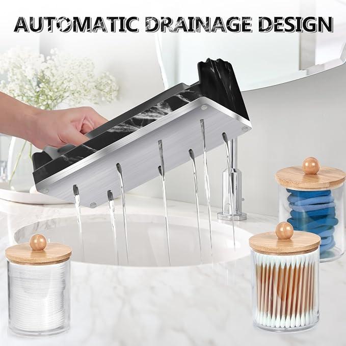 TuCao Marble Bathroom Countertop Organizer, Toothbrush Holders for Bathroom with 3PCS Qtip Holder Dispenser and Toothpaste Holder Drainage for Bathroom Accessories Organization Counter Vanity Storage - ModernBath