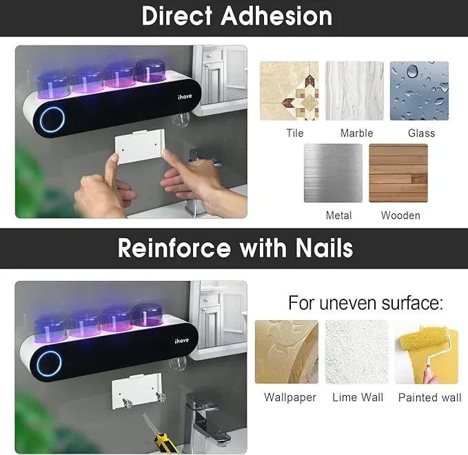 iHave Toothbrush Holders for Bathrooms, UV Toothbrush Sanitizer and Holder Smart Home Bathroom Accessories, 4 Cups Electric Toothbrush Holder Wall Mounted with Toothpaste Dispenser Bathroom Decor - ModernBath