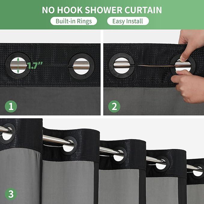 eachope Black No Hook Shower Curtain with Snap-in Fabric Liner Set,Waffle Weave Shower Curtains for Bathroom,Hotel Luxury Decor Bathroom Curtain Set,Waterproof & Washable,71Wx74H - ModernBath