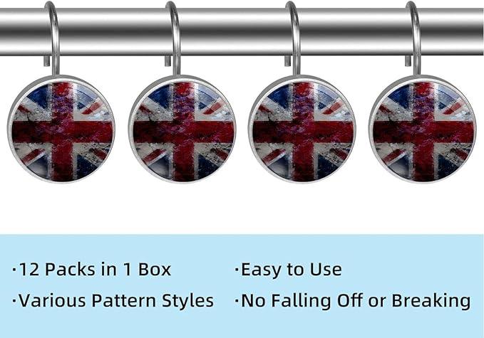 Vintage UK British Flag Shower Curtain Hooks Set of 12 Rustproof Metal Shower Hooks for Curtains Rods Shower Curtain Rings for Bathroom Living Room Bedroom Decor - ModernBath