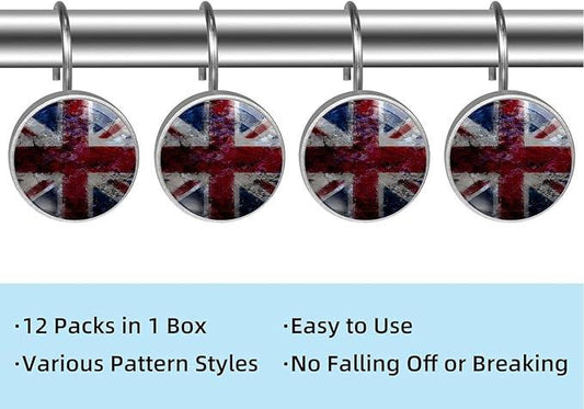Vintage UK British Flag Shower Curtain Hooks Set of 12 Rustproof Metal Shower Hooks for Curtains Rods Shower Curtain Rings for Bathroom Living Room Bedroom Decor - ModernBath