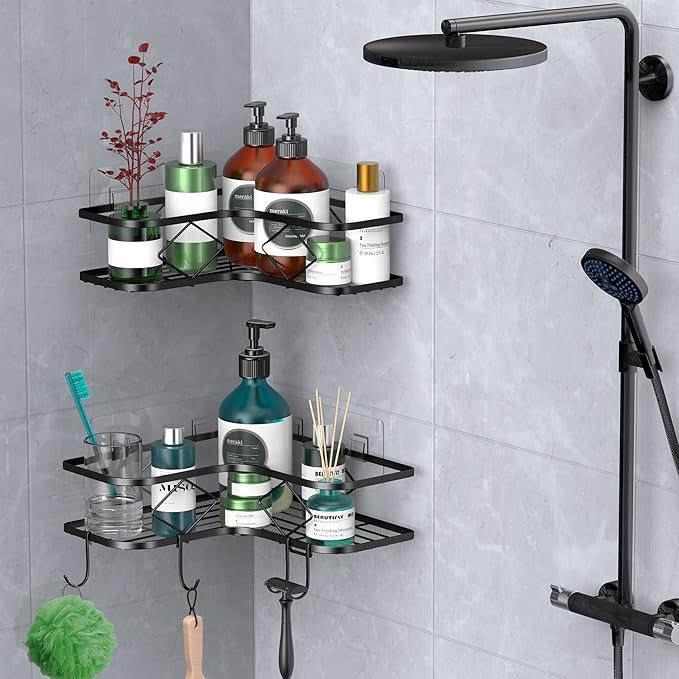 Shower Caddy, 2 Pack Corner Organizer Shelf, Rustproof Wall Mount Shower Storage Rack, No Drilling, 40 lbs Capacity (Glossy Black) - ModernBath