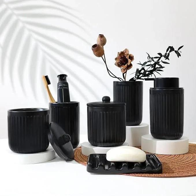 BosilunLife Ceramic Bathroom Accessories Set - Bathroom Counter Soap Set Black Bathroom Decor Sets Accessories Bathroom Lotion Soap Dispenser and Toothbrush Holder Set, Soap Dish, Apothecary Jars - ModernBath