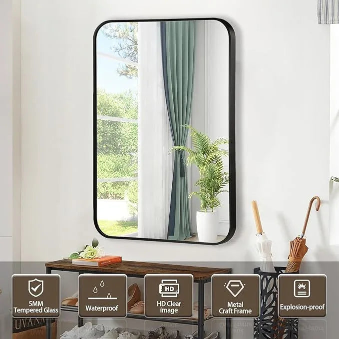 CLBA Black Bathroom Mirror, 24x32 Inch Matte Black Mirror, Aluminum Alloy Framed Vanity Mirror, Rounded Rectangle Bathroom Mirror for Over Sink, Anti-Rust Wall Mirror (Horizontally or Vertically) - ModernBath